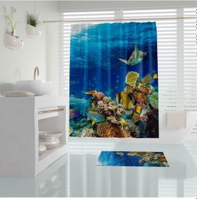 Resim Akvaryum Desen Banyo Perdesi-180x200 cm Duş Perdesi, Dijital Baskılı Tek Kanat Küvet Perdesi Mavi 