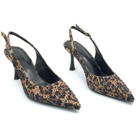 Resim Feles Taş Detaylı Arkası Açık Stiletto Kadın Topuklu Ayakkabı Leopar 
