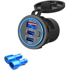 Resim Honeybeeshop Mavi Işık Telsiz Üçlü Portlu Hızlı Araç Şarj Cihazı Usb Çıkışı Tip C Soketli Pd 30 Qc 30 12v 24v Araçlar Tekneler Atvler Uyumlu 