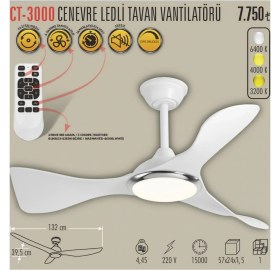 Resim Cata Cenevre Ledli Tavan Vantilatörü Beyaz Renk 3 Kanatlı Uzaktan Kumanda ile Kolay Kontrol 