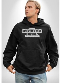 Resim Başıma Güzel Şeylerde Gelsin İstiyorum Mesela Mermi Yazılı Kadın Erkek Siyah Kapüşonlu Sweatshirt Hoodie Siyah 