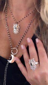 Resim Doğaltaş Gümüş Özel Tasarım El İşi Baykuş Ay ve Göz Sembollü Takı Set 