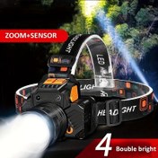 Resim 4'ü 1 arada Taktiksel LED Kafa Lambası - Zoom ve Sensör ile USB Şarj Edilebilir, Yüksek Kapasiteli Lityum Pil, Dış Mekan, Av ve Acil Durum Kullanımı için Çoklu Işık Modları, Dış Mekan Ekipmanı | Çok Yönlü Aydınlatma | Ayarlanabilir Kafa Lambası 