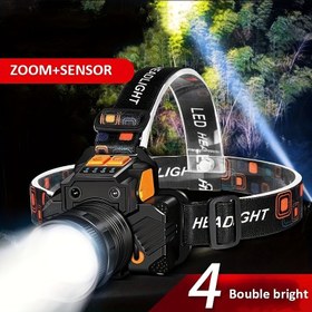 Resim 4'ü 1 arada Taktiksel LED Kafa Lambası - Zoom ve Sensör ile USB Şarj Edilebilir, Yüksek Kapasiteli Lityum Pil, Dış Mekan, Av ve Acil Durum Kullanımı için Çoklu Işık Modları, Dış Mekan Ekipmanı | Çok Yönlü Aydınlatma | Ayarlanabilir Kafa Lambası 