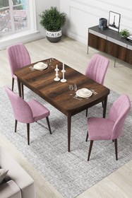 Resim Canisa Concept Par Serisi 70x114, Açılabilir Mdf Mutfak Masa Takımı, Barok Ahşap Desen Masa Ve 4 Pembe Sandalye 