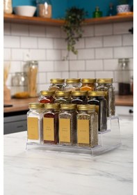Resim 12'li Şeffaf Merdiven Standlı Cam Baharatlık Seti Gold Kapaklı Etiketli Baharatlık Takım Mh05gld12 Gold - Şeffaf 