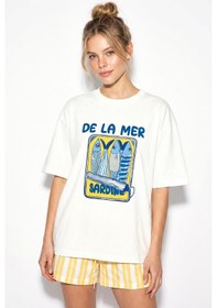 Resim Shade Kadın Sardalya Baskılı Pamuk Bisiklet Yaka Oversize Basic T-shirt Öt261097 60286256 - Beyaz Standart 