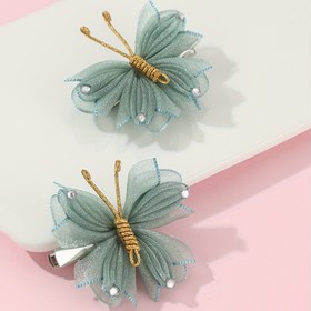 Resim 2'li Paket Kızlar için Işıltılı Taşlı Fiyonk Saç Tokaları - Pastel Mavi & Yeşil Tül Saç Aksesuarları, Günlük Kıyafetler ve Partiler için Elastik Bantlı, Düğünler, Zarif Kelebek Şekli, Detaylı İşçilik 