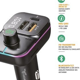 Resim USB + Hafıza Kart Uyumlu Fm Transmitter - Araç Şarjı ve Bluetooth Kiti 