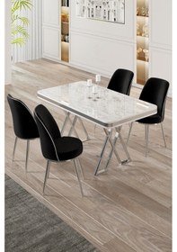 Resim Canisa Vals Serisi 80x130 Lak Panel Beyaz Mermer Desen Masa Takımı Krom Ayaklı 4 Siyah Sandalye Beyaz Mermer Desen Masa Sandalyeler Siyah 