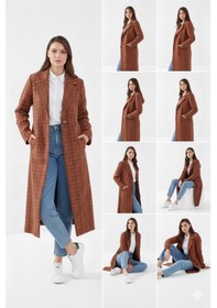 Resim Kızılelmada Kadın Oversize Trençkot Kahverengi Ekose Desenli, Şık Ve Modern Kahverengi 