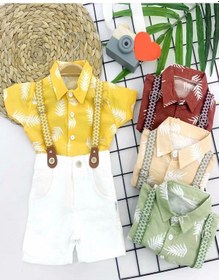 Resim 9-12-18-24 Ay Pamuk Keten Kumaş Hawai Gömlek Lastik Askılı 2li Erkek Bebek Takımı Bej Bej 