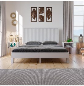 Resim Ebruli Model Beyaz Renk Çam Ahşap Karyola-167 150 x 200 CM 