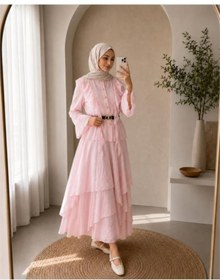 Resim Neşeli Butik kadın pudra fırfır detaylı üst kat kat volanlı etek ikili tesettür takım ---NBVQ3159 
