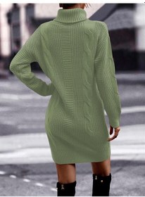 Resim Aqe Fashion Saç Örgü & Selanik Örgü Desenli, Links Detay, Boğazlı, Uzun Kollu, Sırt Detay Desenli Mint Triko Elbise Tunik Mint 