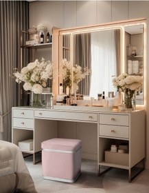 Resim Zengo Silver Twin Line Kare Puf -pembe Kumaş, Dekoratif Makyaj Masası Pufu-modern Style 