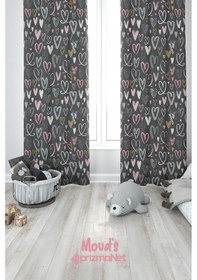 Resim Gri Kalpler Desenli Baskılı Çocuk Ve Bebek Odası Fon Perdesi 2 Kanat - Prd-34 Çok Renkli 