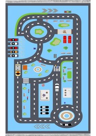 Resim Mavi Ve Gri Renk Şeritli Yol Çocuk Odası Halısı Mavi 