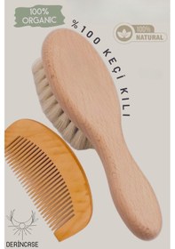 Resim %100 Keçi Kılı Bebek Saç Fırçası ve Bebek Şimşir Tarak 2'li Set + Bez Kese Hediyeli 
