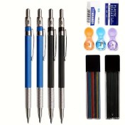 Resim 6'lı Set 2.0mm Mekanik Kalem Seti Siyah / Renkli Kurşun Dolum 2B Otomatik Kalem Sanat Eskiz Boyama Yazı Ofis Kırtasiye (2 kalem + 2 kurşun çekirdek + 1 silgi + 1 kalemtıraş) 