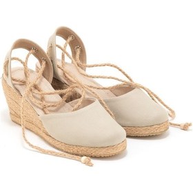 Resim Star Tombis Gerçek Elişi Topuğu Açık Bilekten Bağlamalı Bej Dolgu Topuk Keten Hasır Espadril Handmade Bej 