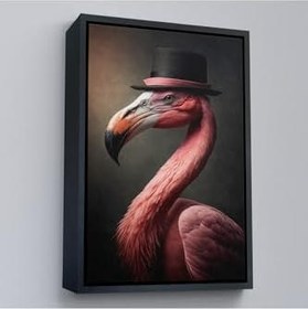 Resim Ahşap Çerçeveli Şapkalı Pembe Filamingo Tablosu 55x75 cm Siyah Çerçeve, TTÇ.KNV7930FRM 