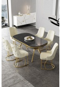 Resim Canisa Epal Serisi 90x168 Lak Panel Siyah Mermer Desen Masa Takımı Gold Ayaklı 6 Krem Sandalye Masa Siyah Mermer Desen Sandalye Krem 