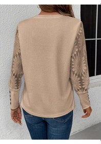 Resim Saklımoda Kadın Uzun Kollu Bisiklet Yaka Kolları Çiçekli Waffle Bluz Bej 
