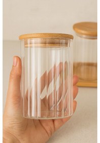 Resim Morponi Borosilikat Cam Bambu Stantlı Ve Bambu Kapaklı Optik Çizgili Baharatlık Seti 430 Ml Alg11520 Beyaz 