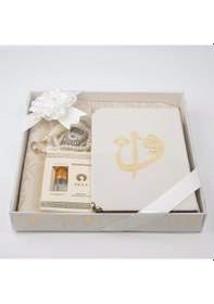 Resim Kuran + Seccade + Tesbih + Zikirmatik + Koku Hediye Seti Çanta Boy, Kadife, Beyaz 