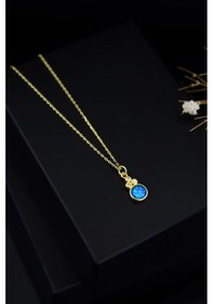 Resim 925 Ayar Gümüş Gold Kaplama Mavi Opal Yuvarlak Kolye 