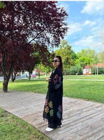 Resim Siyah Mercan Desenli Kaftan Kimono Renkli Desenli Salaş Plaj Ve Günlük Kullanım Siyah - Turuncu 