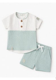Resim Babyhola Erkek Bebek Müslin Kumaş Şortlu Takım Yazlık Kısa Kollu 2 Li Takım 22455 Mint 