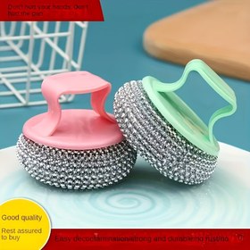 Resim 2 Adet Paslanmaz Çelik Fırça, Ergonomik Sünger Saplı - Çizmez, Ayrılabilir Nano Tel Temizlik Topları Mutfak & Ev Kullanımı İçin - Pembe & Yeşil, Kalıntı Bırakmaz, Çok Amaçlı Temizlik Araçları, Lekeleri Gideren Sünger Fırça | Sünger Temizleme Fırçası | Etkili Dezenfeksiyon, Temizlik Fırçası 