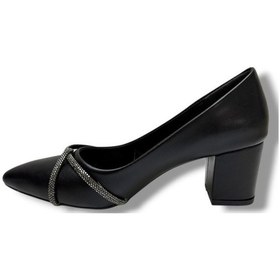 Resim C-shoes Km59-26 Cilt Deri Çapraz Taşlı Kalın Topuk Kadın Ayakkabı Siyah 
