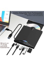 Resim TechTic 7in1 Harici DVD-ROM USB 3.0 HUB Çoğaltıcı TF SD Kart Okuyucu Type C Kablolu DVD Player CD 