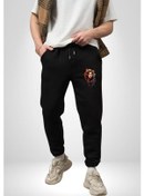 Resim Müzik Dinleyen Kulaklık Yaprak Saçlı Renkli Pamuklu 3 İplik Siyah Eşofman Altı Erkek Oversize Kesim Dijital Baskılı Siyah 