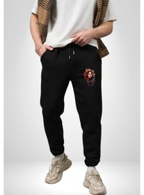 Resim Müzik Dinleyen Kulaklık Yaprak Saçlı Renkli Pamuklu 3 İplik Siyah Eşofman Altı Erkek Oversize Kesim Dijital Baskılı Siyah 