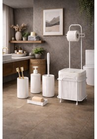 Resim Decorev 6'lı Banyo Seti Metal Standlı Beyaz Ahşap Desenli Tuvalet Wc Kağıtlık Seti 