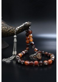 Resim Doğal Damarlı Akik Taşlı Tesbih Ve 925 Ayar Gümüş Yüzük Ay Yıldızlı Ayyıldızlı Kırmızı 901978 Gümüş 