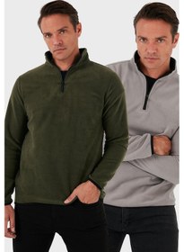 Resim Buratti Slim Fit Yarım Fermuarlı Dik Yaka 2'Li Paket Erkek Polar 5906003S2 Haki-Gri 