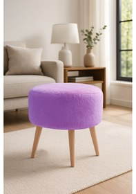 Resim Azra Mobilya Lila - Yuvarlak Welsoft Kumaş Puf Ahşap Ayaklı Dekoratif Oturma Ve Makyaj Pufu Mor 
