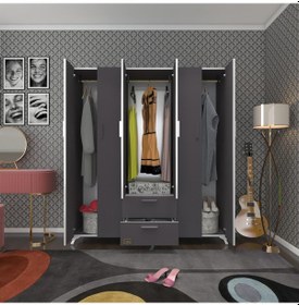 Resim Kenzlife gardırop 6 kapaklı kapılı 2 çekmeceli glayör 168*150*42 gri ayaklı gardolap dolap 