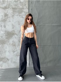 Resim Swet Shop Jeans Kadın Siyah Enzim Yıkama Renk Vintage Yüksek Bel Skater Fit Bol Kesim Şalvar Denim 