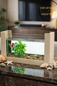 Resim Reyo OK-AY Store Beta Balığı İçin Ahşap Mini Akvaryum Modern Şık Doğal Minimal Tasarım Akvaryum Krem 
