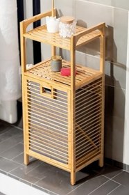 Resim Bambu Çamaşır Sepeti Raflı & Kirli Sepeti İç Bölmeli 40x30x95 cm 