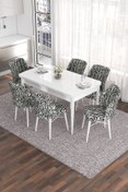 Resim Canisa Eva Serisi 80x132 Açılabilir MDF Mutfak Masası Takımı Beyaz Masa 6 Zebra Desen Sandalye 