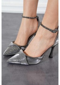 Resim Feles Bilek Şerit Taş Detaylı Topuklu Stiletto Kadın Ayakkabı PLATIN 