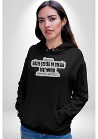 Resim Başıma Güzel Şeylerde Gelsin İstiyorum Mesela Mermi Yazılı Kadın Erkek Siyah Kapüşonlu Sweatshirt Hoodie Siyah 