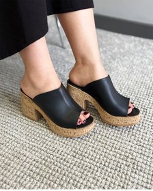 Resim Asmi Shoes Kadın Siyah Cilt Deri Mantar Taban Ortopedik Platform Topuk Terlik 